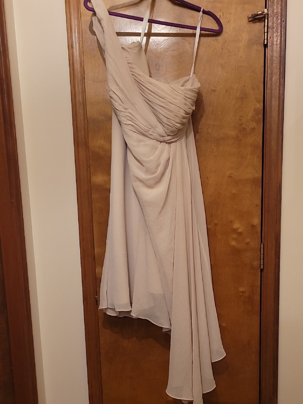 David's Bridal Asymmetrical One-Shoulder Dress in Light Beige
